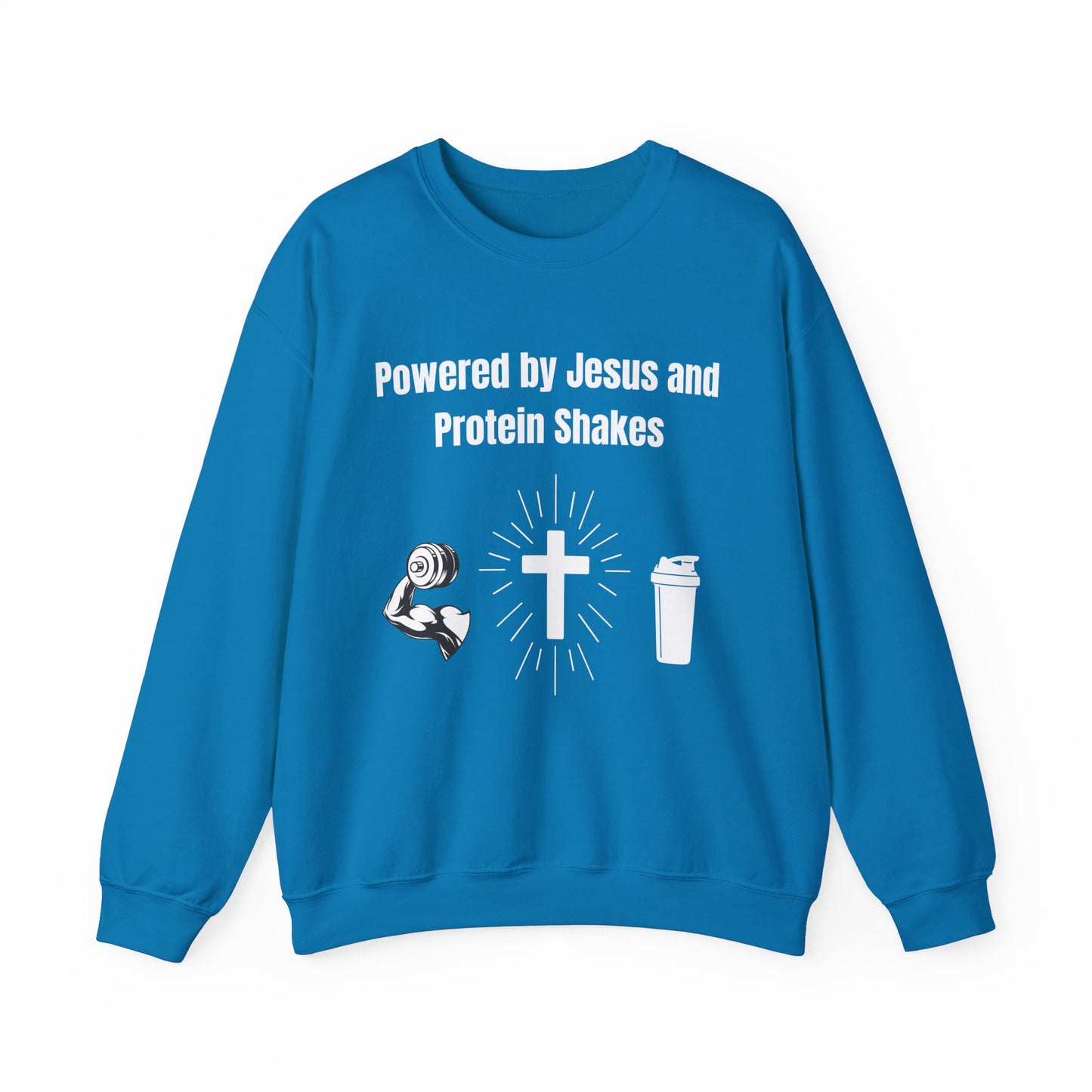 Powered by Jesus and Protein Shakes Heavy Blend™ Crewneck Sweatshirt