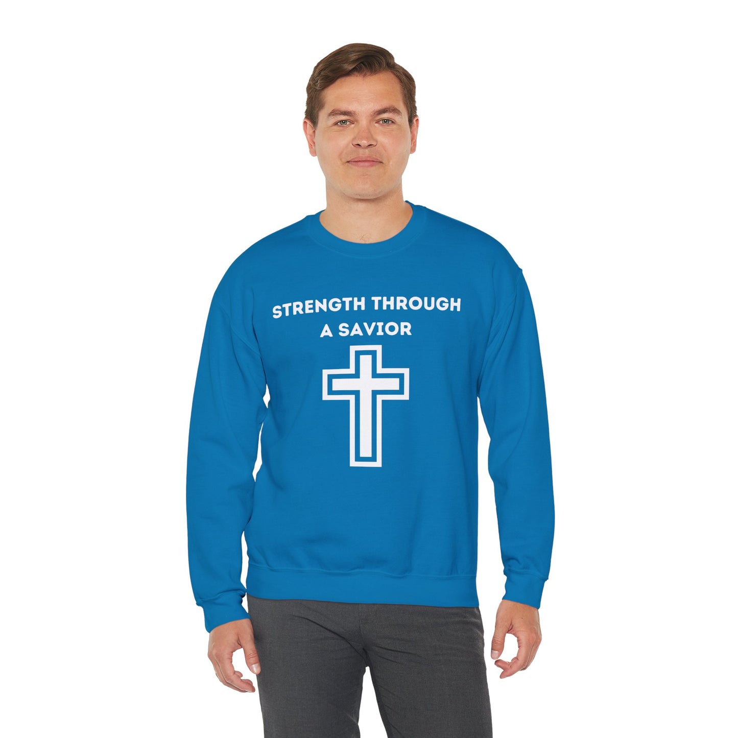 Strength Through A Savior Heavy Blend™ Crewneck Sweatshirt