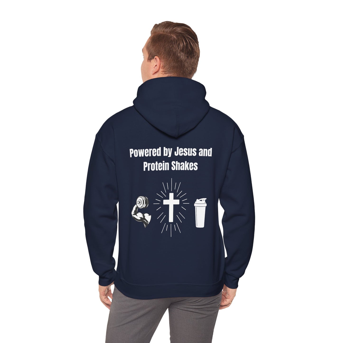 Powered By Jesus and Protein shakes Heavy Blend™ Hooded Sweatshirt