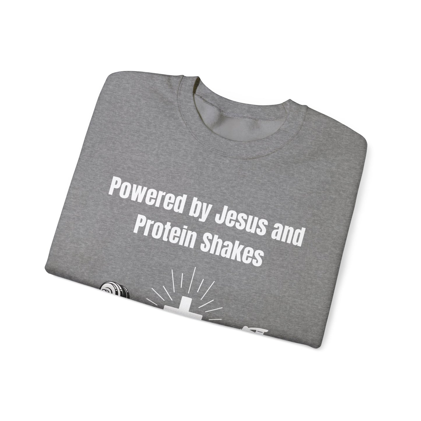 Powered by Jesus and Protein Shakes Heavy Blend™ Crewneck Sweatshirt