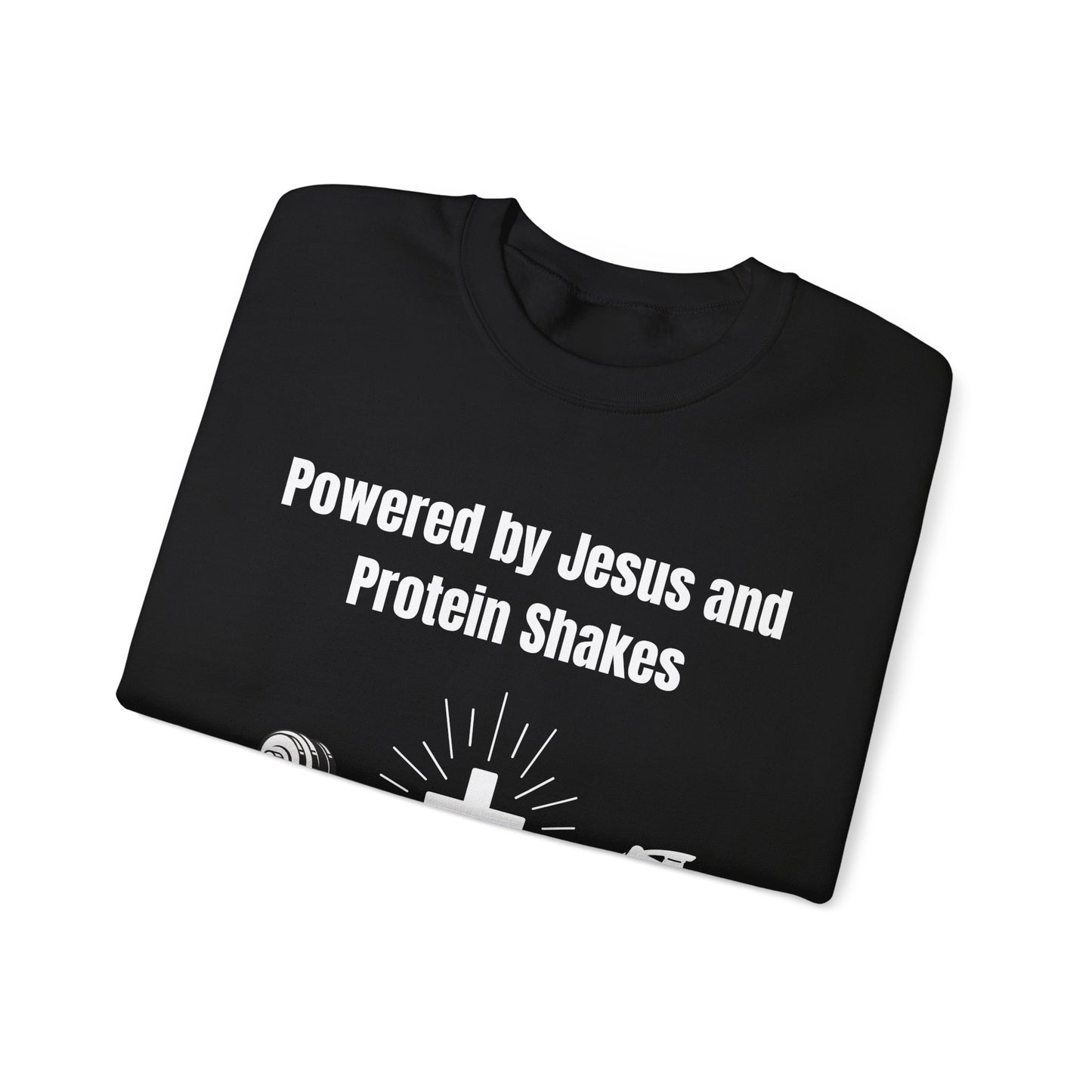 Powered by Jesus and Protein Shakes Heavy Blend™ Crewneck Sweatshirt