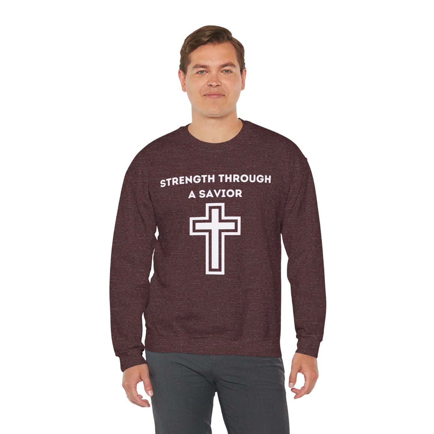 Strength Through A Savior Heavy Blend™ Crewneck Sweatshirt