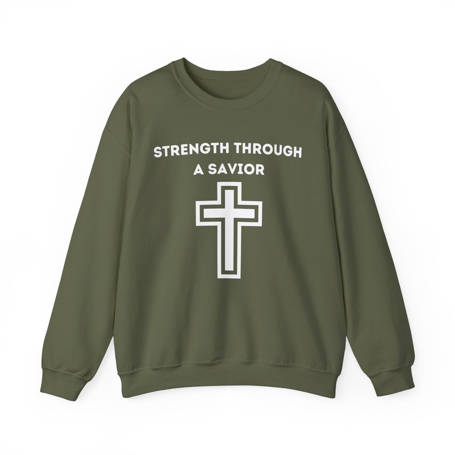 Strength Through A Savior Heavy Blend™ Crewneck Sweatshirt