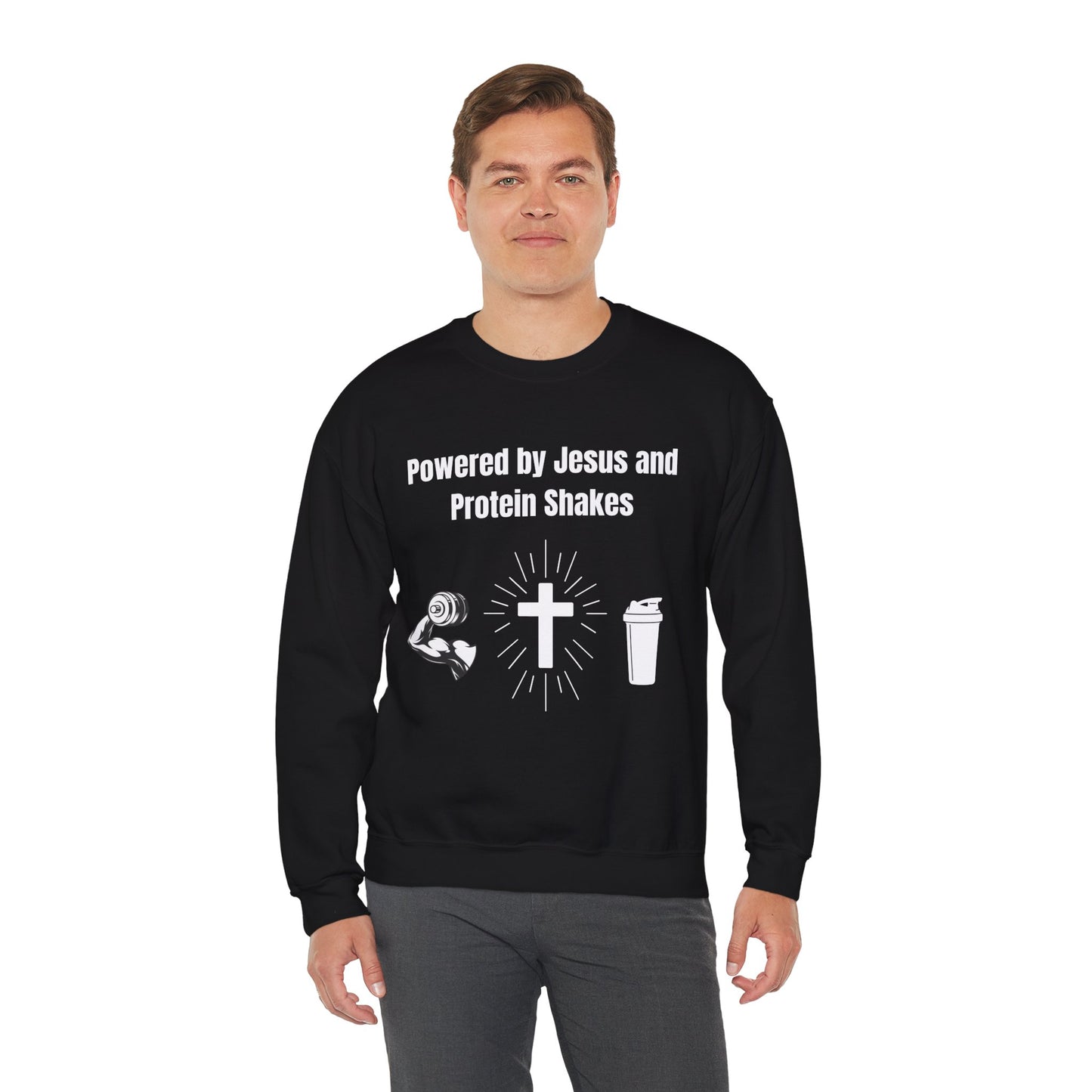 Powered by Jesus and Protein Shakes Heavy Blend™ Crewneck Sweatshirt