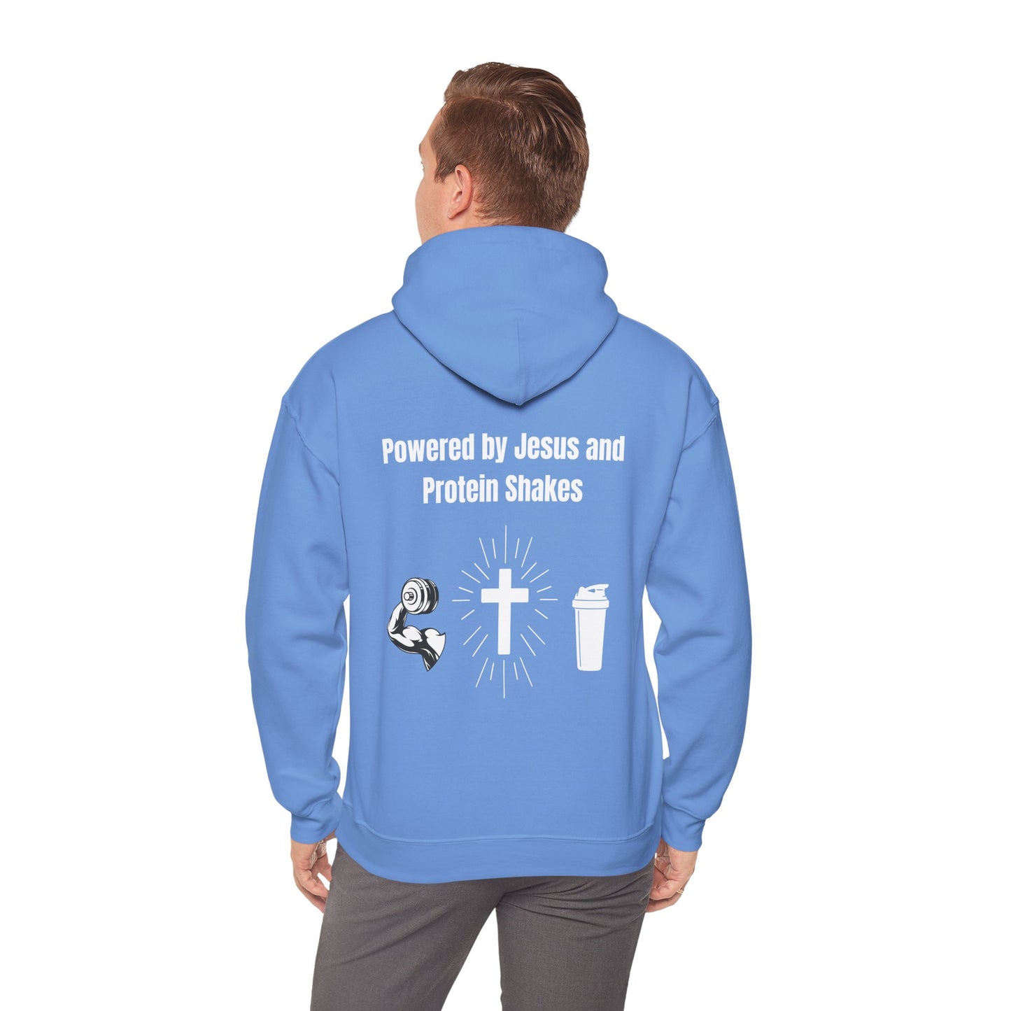 Powered By Jesus and Protein shakes Heavy Blend™ Hooded Sweatshirt