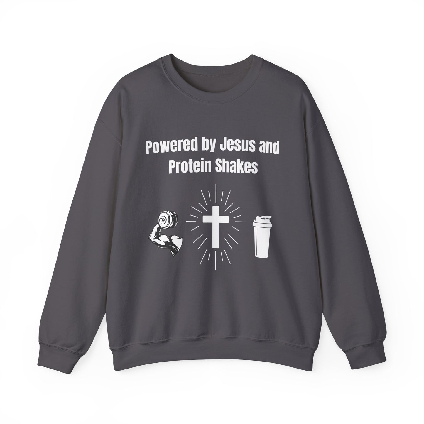 Powered by Jesus and Protein Shakes Heavy Blend™ Crewneck Sweatshirt