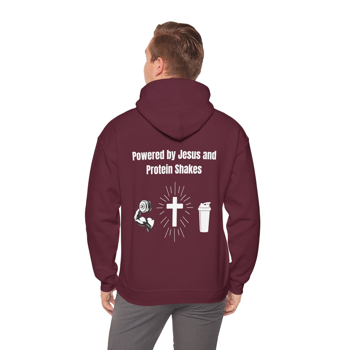 Powered By Jesus and Protein shakes Heavy Blend™ Hooded Sweatshirt