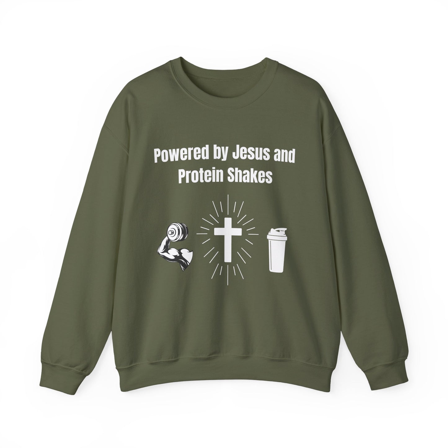 Powered by Jesus and Protein Shakes Heavy Blend™ Crewneck Sweatshirt