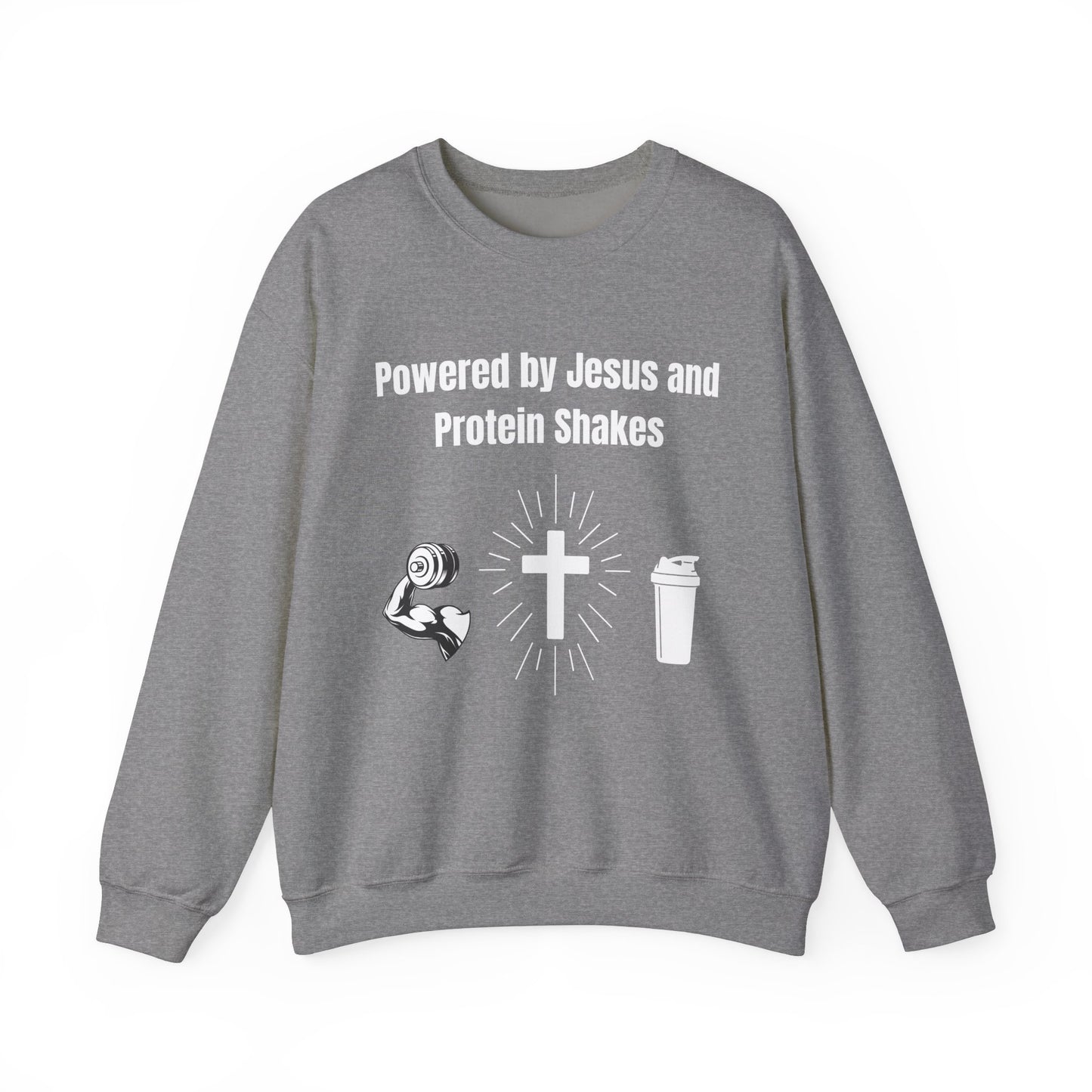 Powered by Jesus and Protein Shakes Heavy Blend™ Crewneck Sweatshirt