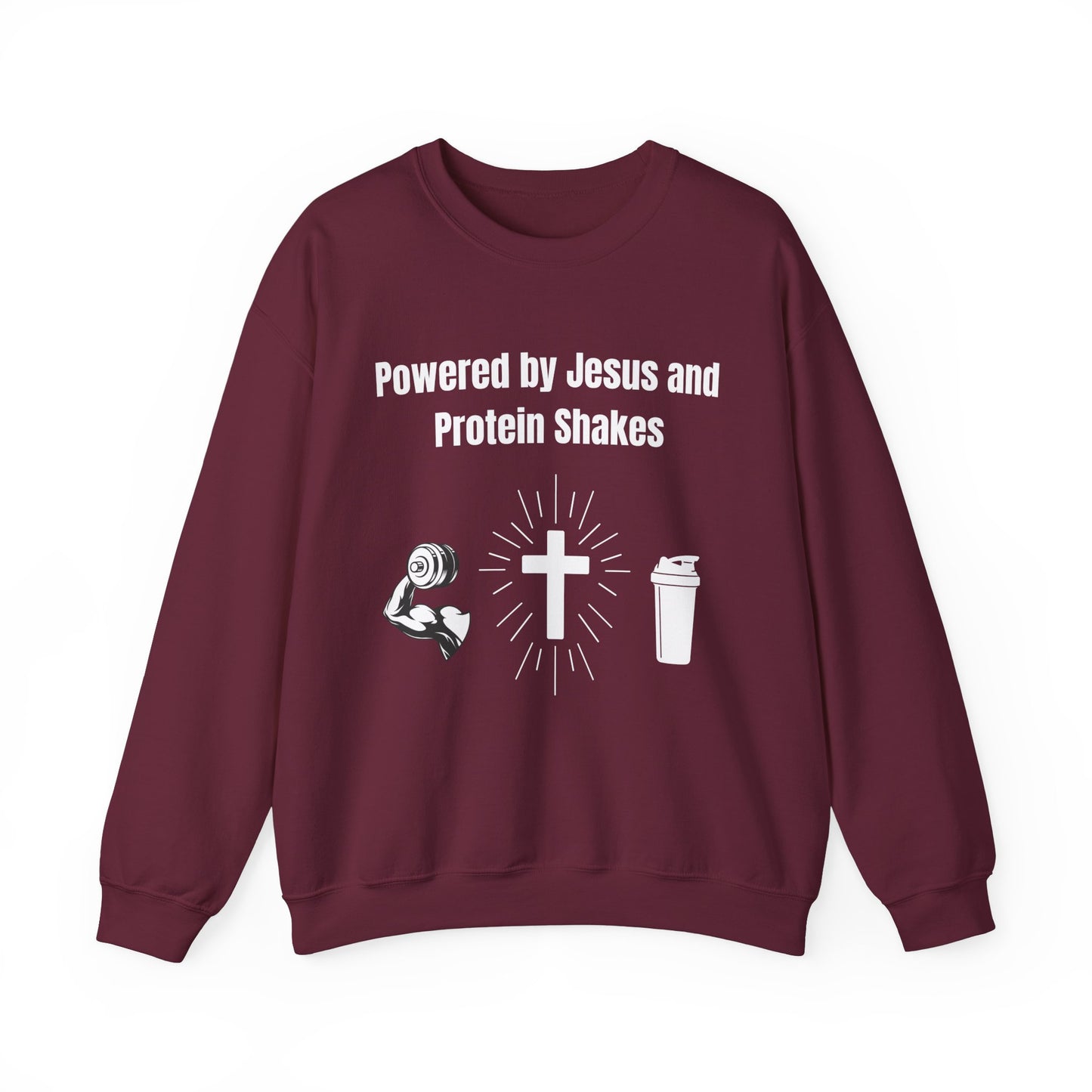 Powered by Jesus and Protein Shakes Heavy Blend™ Crewneck Sweatshirt