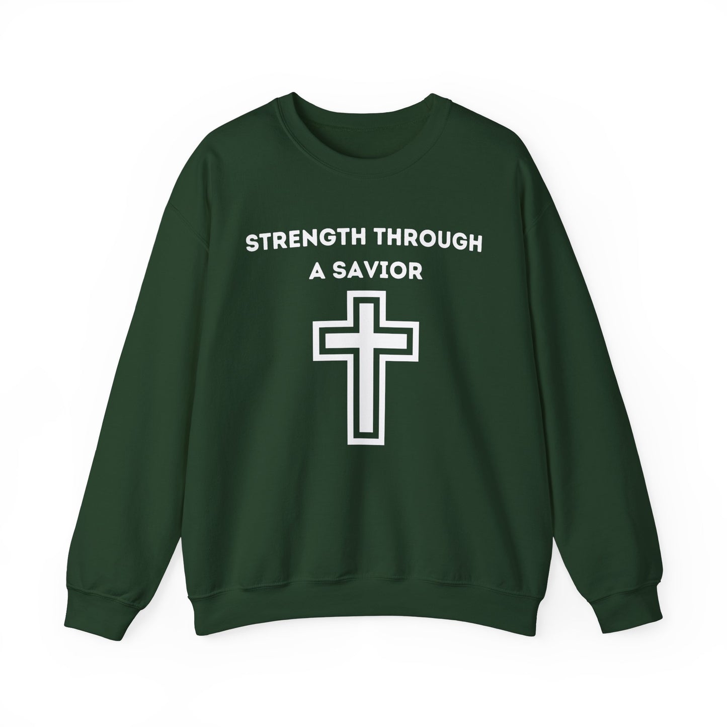 Strength Through A Savior Heavy Blend™ Crewneck Sweatshirt