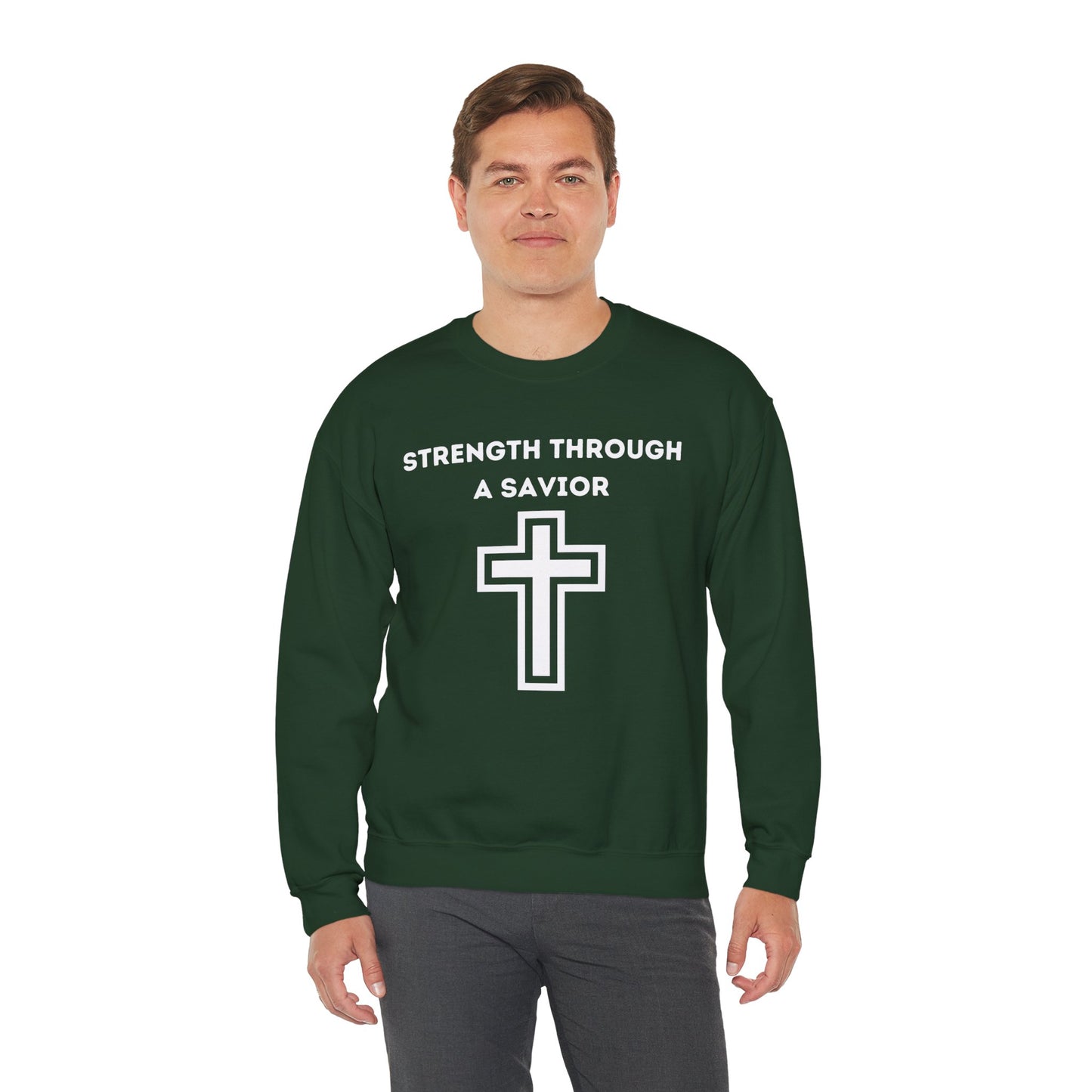 Strength Through A Savior Heavy Blend™ Crewneck Sweatshirt