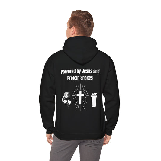 Powered By Jesus and Protein shakes Heavy Blend™ Hooded Sweatshirt