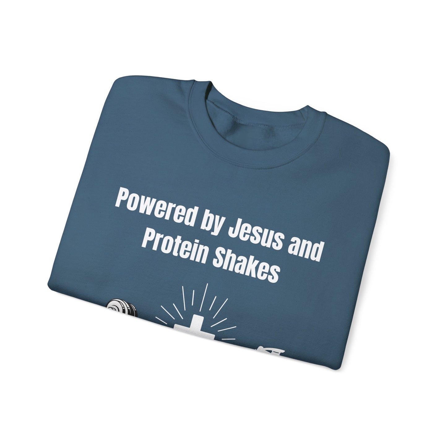 Powered by Jesus and Protein Shakes Heavy Blend™ Crewneck Sweatshirt