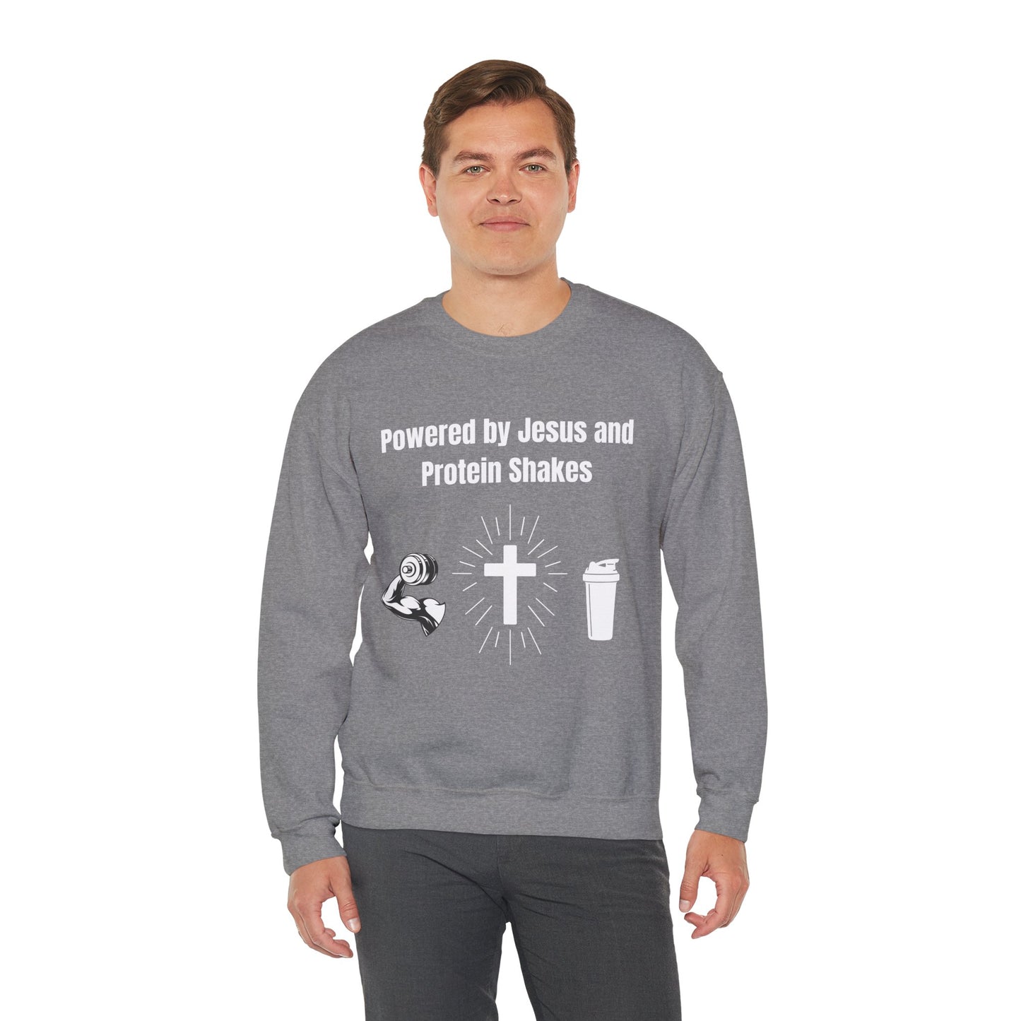 Powered by Jesus and Protein Shakes Heavy Blend™ Crewneck Sweatshirt