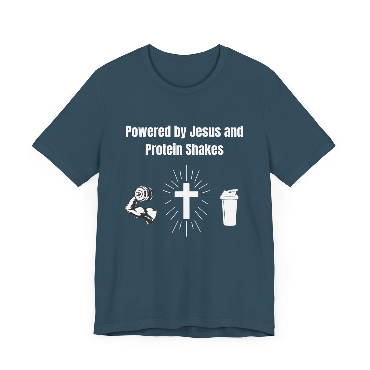 Powered by Jesus and Protein Shakes Jersey Short Sleeve Tee