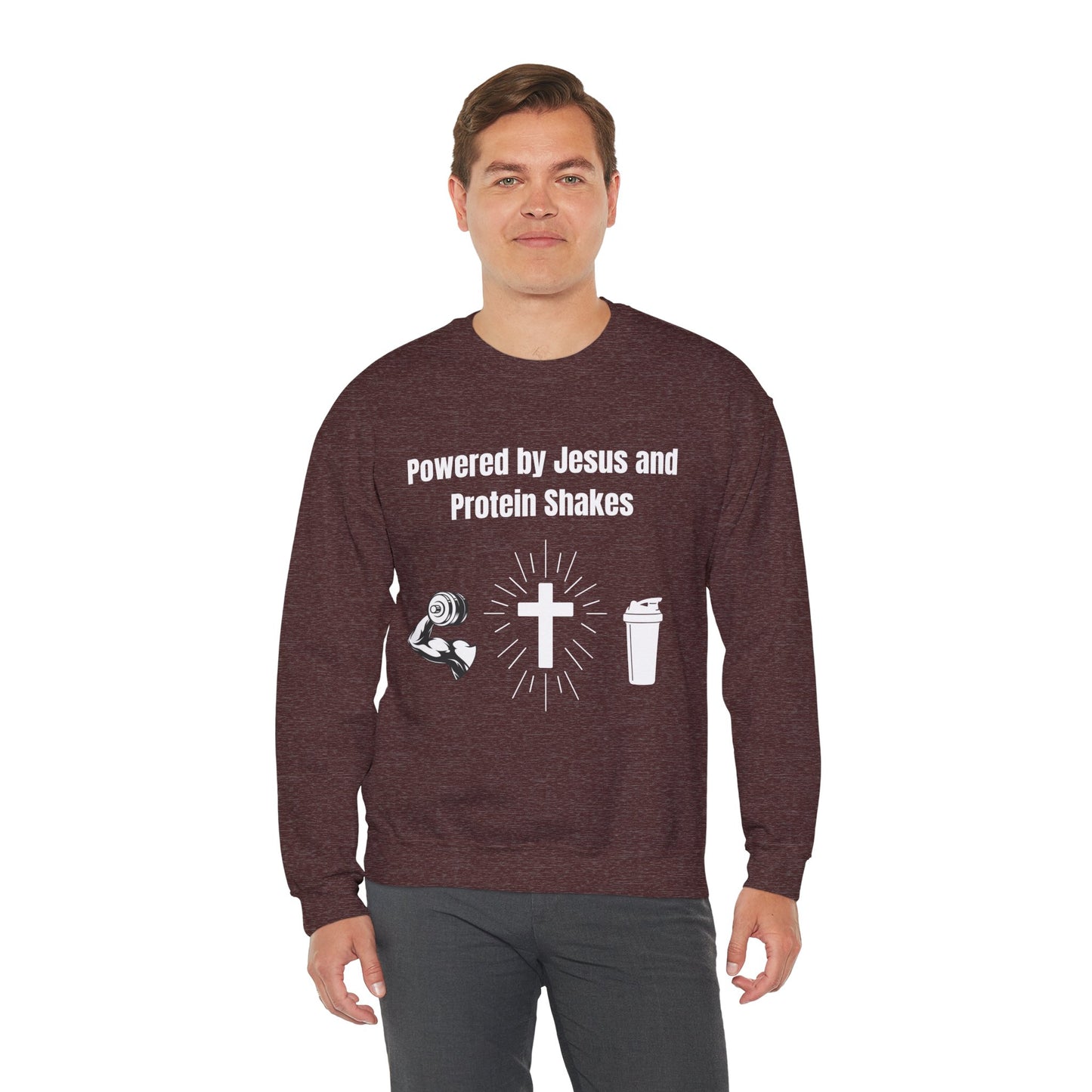 Powered by Jesus and Protein Shakes Heavy Blend™ Crewneck Sweatshirt