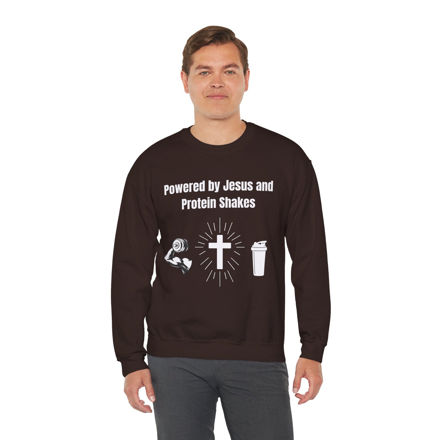 Powered by Jesus and Protein Shakes Heavy Blend™ Crewneck Sweatshirt