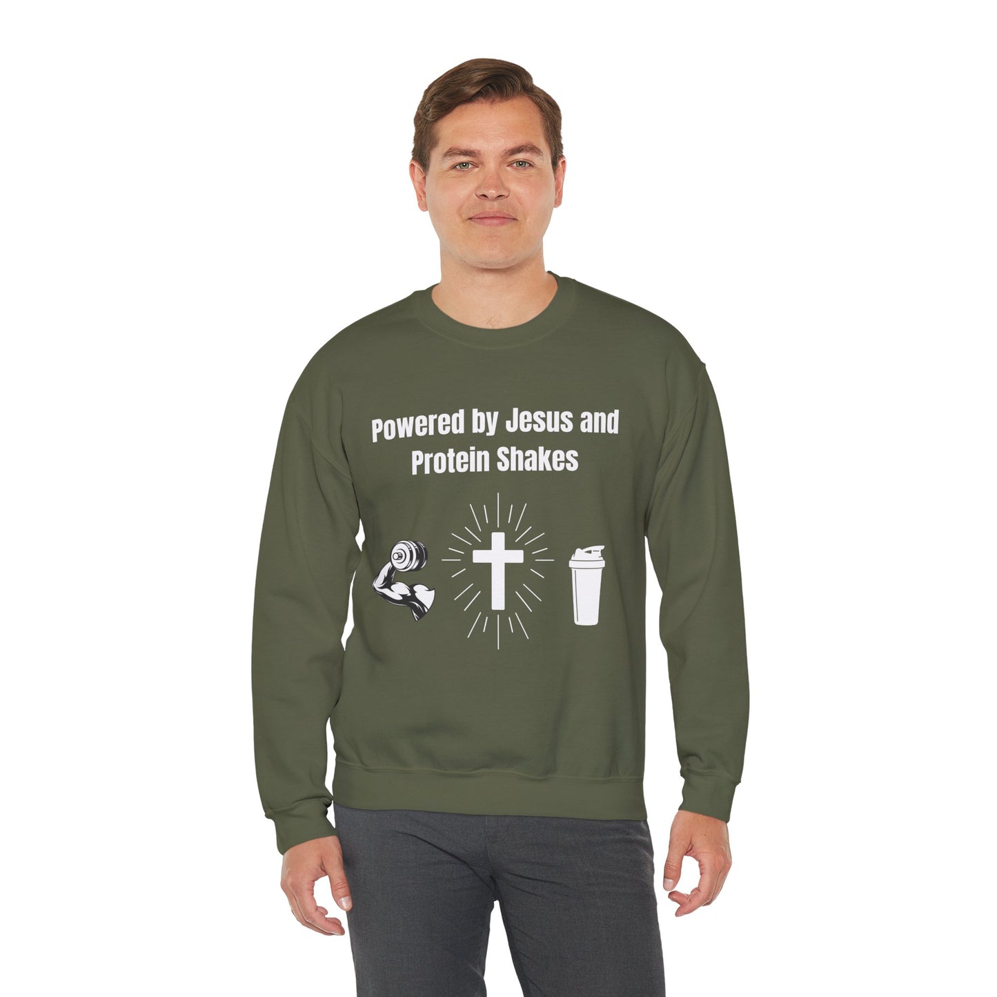 Powered by Jesus and Protein Shakes Heavy Blend™ Crewneck Sweatshirt