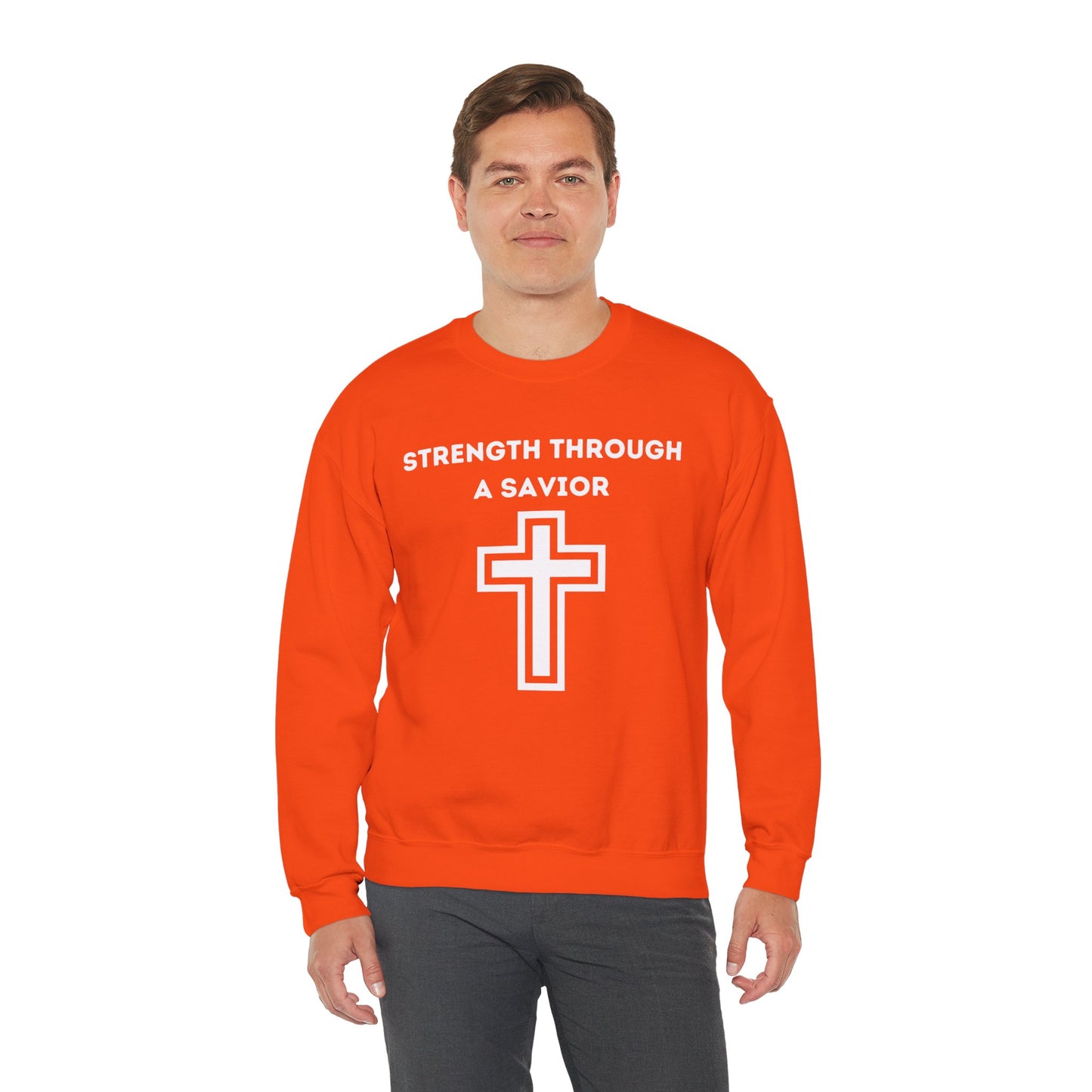 Strength Through A Savior Heavy Blend™ Crewneck Sweatshirt