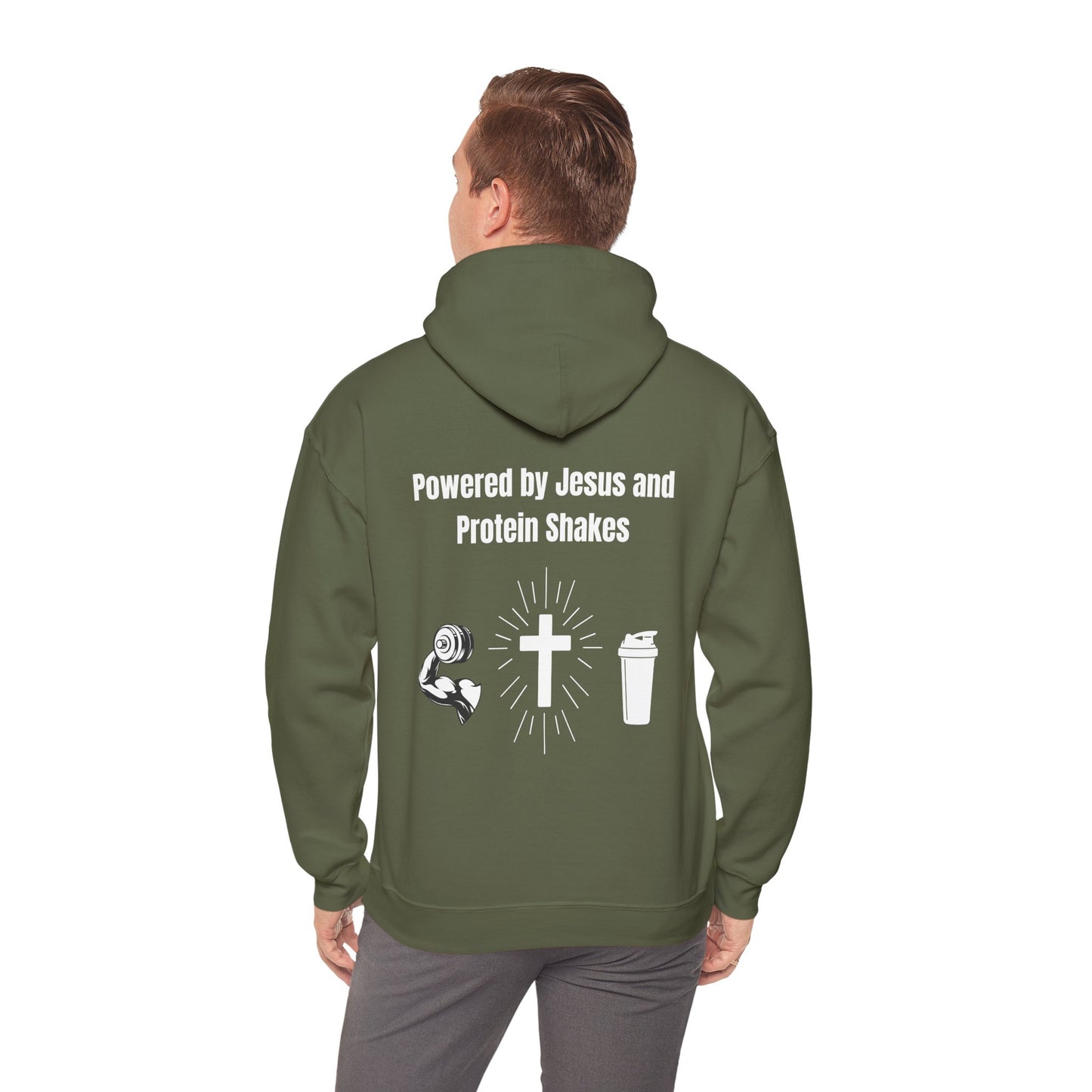 Powered By Jesus and Protein shakes Heavy Blend™ Hooded Sweatshirt