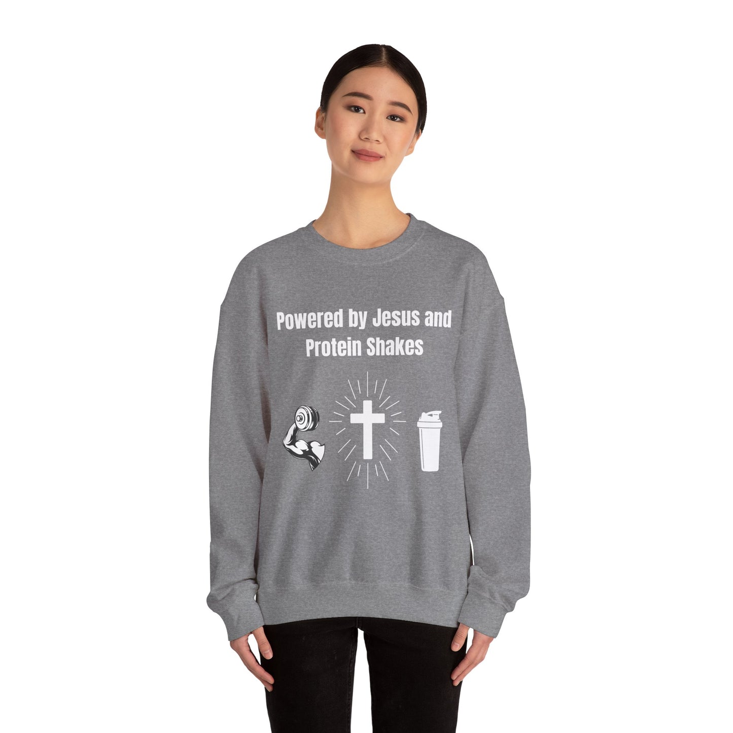 Powered by Jesus and Protein Shakes Heavy Blend™ Crewneck Sweatshirt