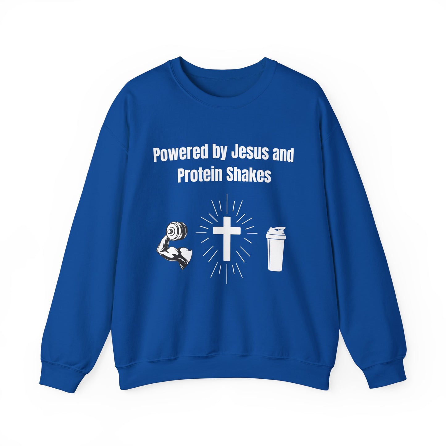 Powered by Jesus and Protein Shakes Heavy Blend™ Crewneck Sweatshirt